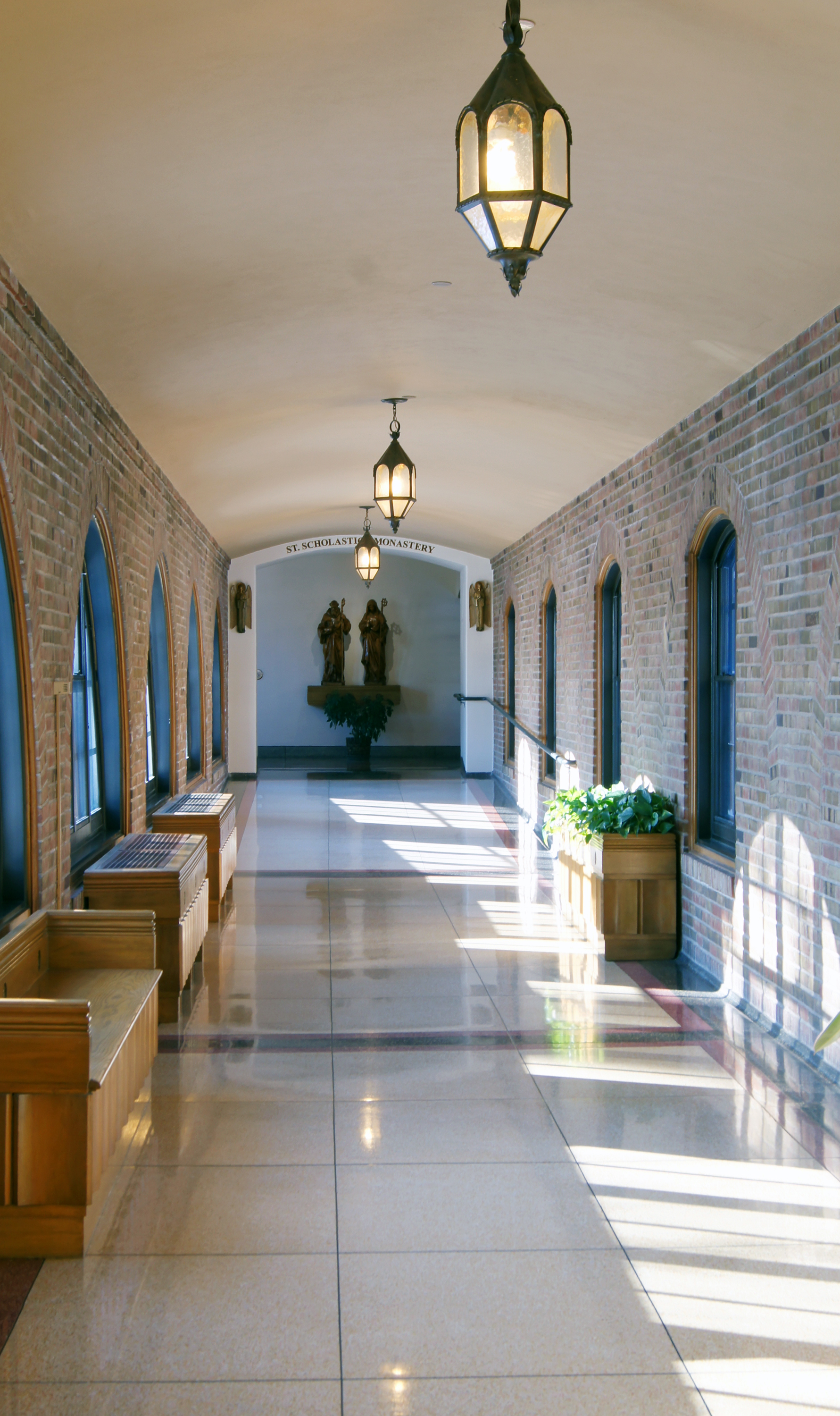 The cloister walk connects the Chapel and Monastery. It is a place of beauty, peace, and silence that provides a contemplative transition from prayer to ministry. A second cloister walk connects the Chapel to the College of St. Scholastica.
