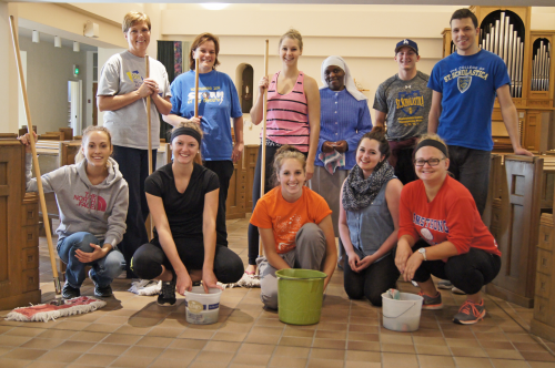 College students clean the Chapel
