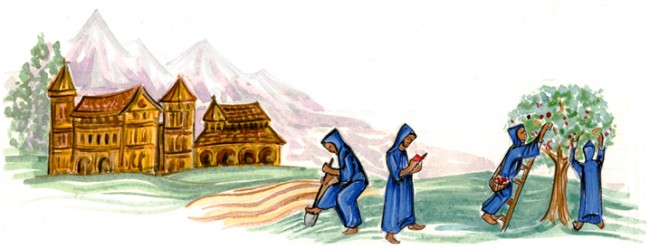 Drawing of monks working in the field with a monastery in the background