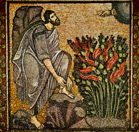 Moses removing his shoes on the holy ground of the burning bush - Byzantine mosaic