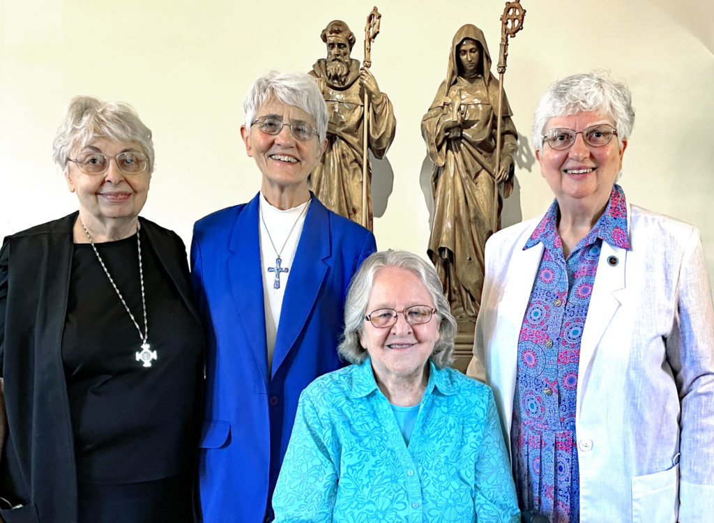 2021 jubilarians (left to right) Sister Claudia Cherro, Sister Theresa Spinler, and Sister Maria Volk, with Prioress Beverly Raway