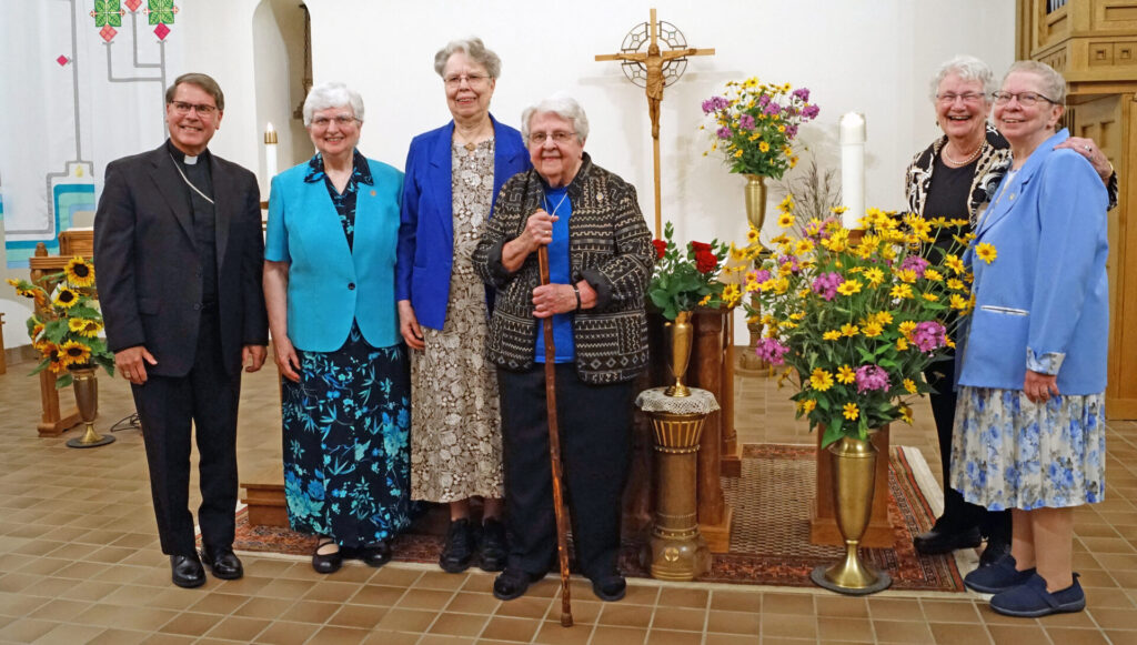 Bishop Daniel Felton, Prioress Beverly Raway, and four Jubilarians: Sisters Jeanne Ann Weber, Renata Liegey, Sue Fortier, and Luella Wegscheid
